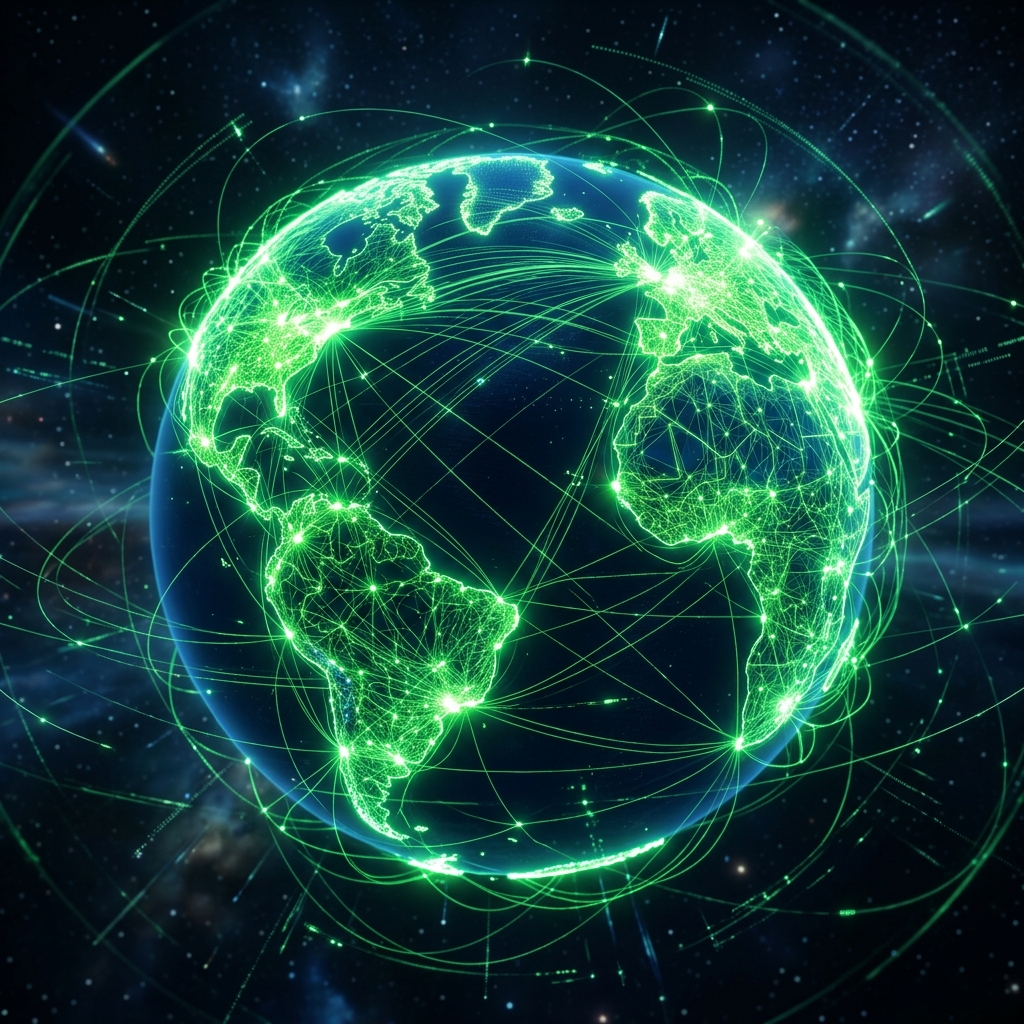 Bright glowing nodes connecting in a complex digital network over a pristine white workspace, high tech abstract visualization, no people